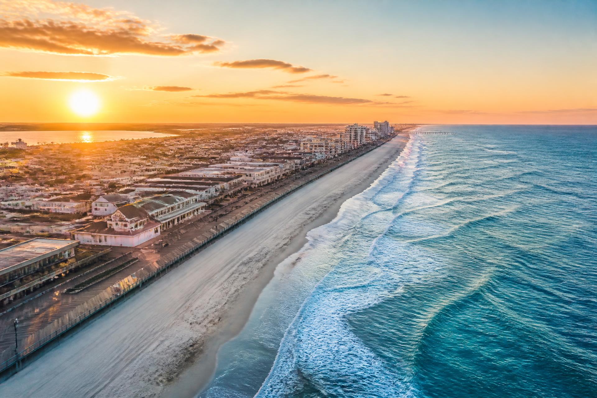 Aerial view of the New Jersey shore coastline at sunrise
