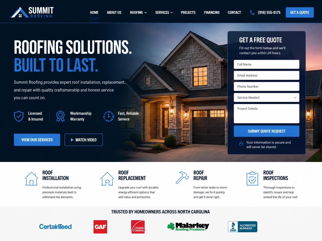 Summit Roofing website designed by Jersey Shore Web Pros